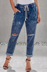 Distressed Drawstring Gather Round Distressed Pocketed Denim Jogger - 808Lush