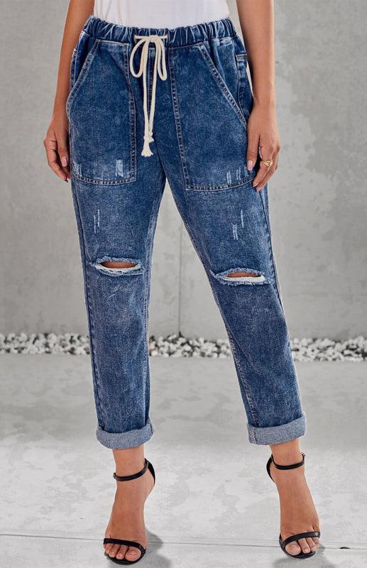 Distressed Drawstring Gather Round Distressed Pocketed Denim Jogger - 808Lush