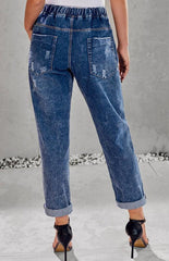 Distressed Drawstring Gather Round Distressed Pocketed Denim Jogger - 808Lush