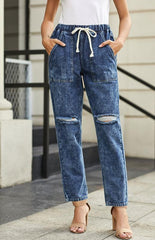 Distressed Drawstring Gather Round Distressed Pocketed Denim Jogger - 808Lush