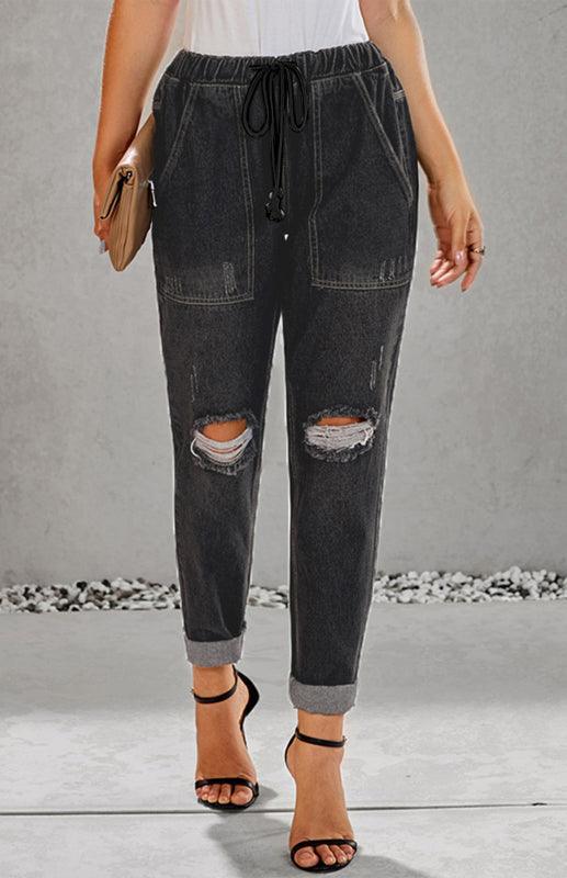 Distressed Drawstring Gather Round Distressed Pocketed Denim Jogger - 808Lush