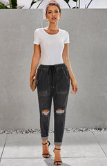 Distressed Drawstring Gather Round Distressed Pocketed Denim Jogger - 808Lush