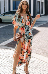 Women's Orange Split Floral Kimono Long Dress - 808Lush