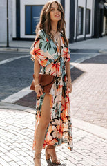 Women's Orange Split Floral Kimono Long Dress - 808Lush