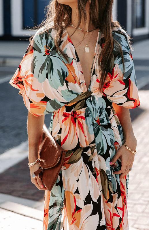Women's Orange Split Floral Kimono Long Dress - 808Lush