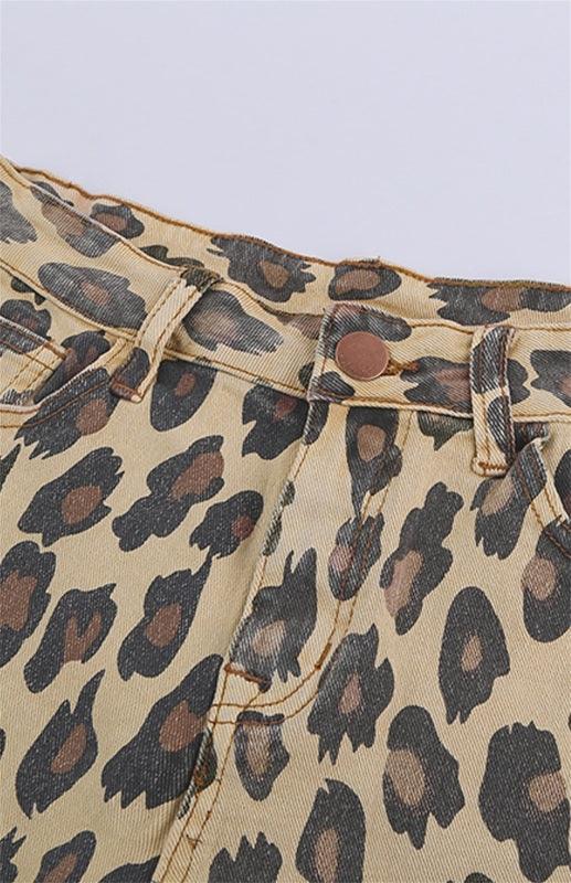 Women's Leopard Mid Waist Frayed Hemline Denim Shorts - 808Lush
