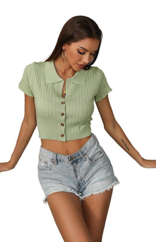 Ladies Casual POLO Collar Slim Knit Short Sleeve Top - 808Lush