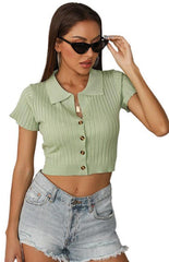 Ladies Casual POLO Collar Slim Knit Short Sleeve Top - 808Lush