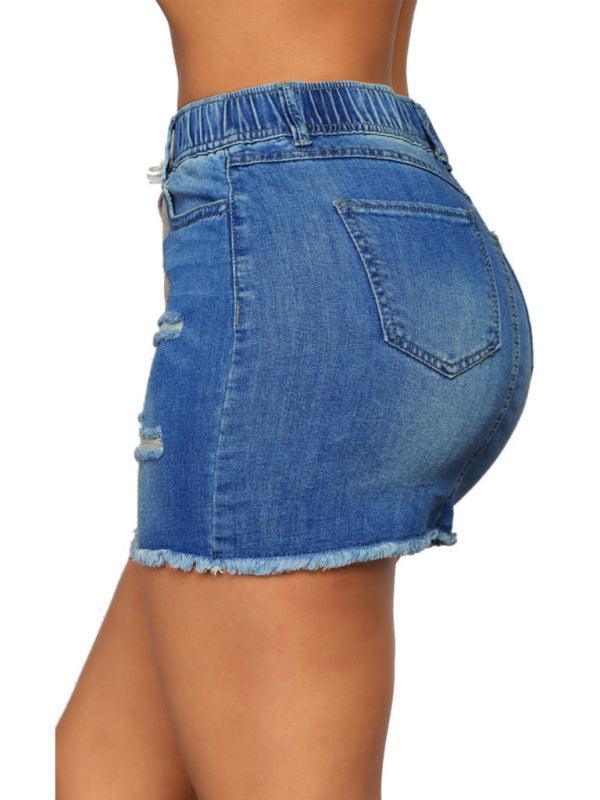 Women's Spring/Summer Drawstring Hole Pack Hip Denim Short Skirt - 808Lush