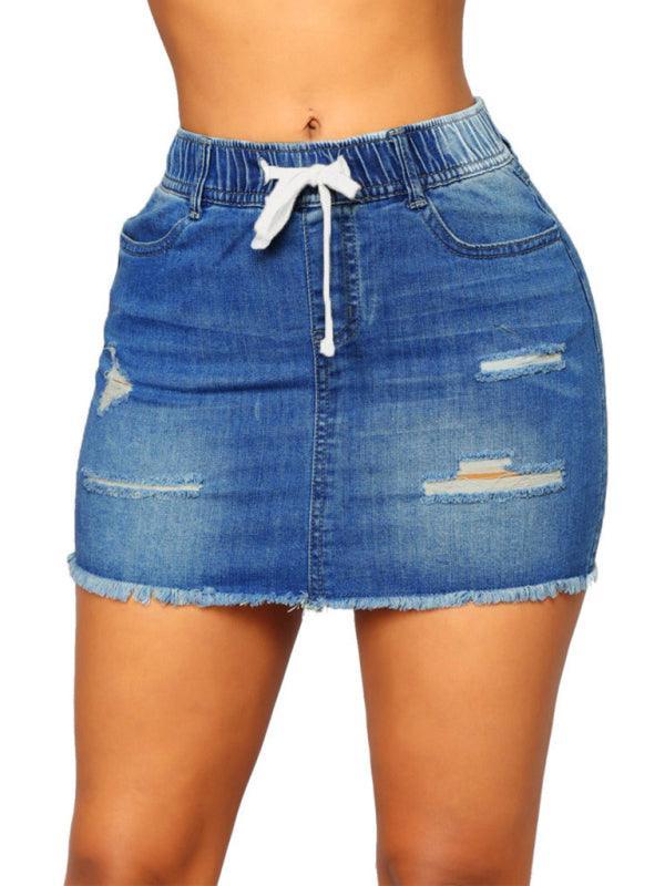 Women's Spring/Summer Drawstring Hole Pack Hip Denim Short Skirt - 808Lush