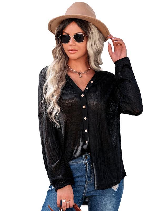 Women's casual knitting thin loose shirt top - 808Lush