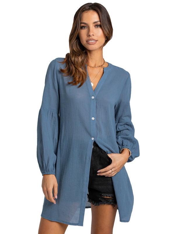 Women's fashion casual medium length slim fit solid shirt - 808Lush