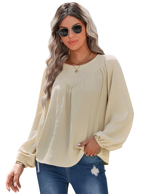 Women's casual loose round neck solid color pullover shirt - 808Lush