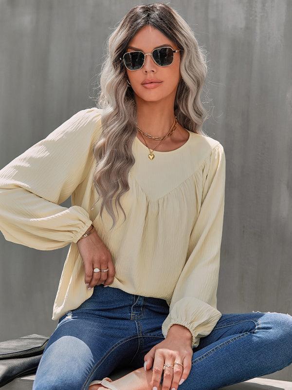 Women's casual loose round neck solid color pullover shirt - 808Lush