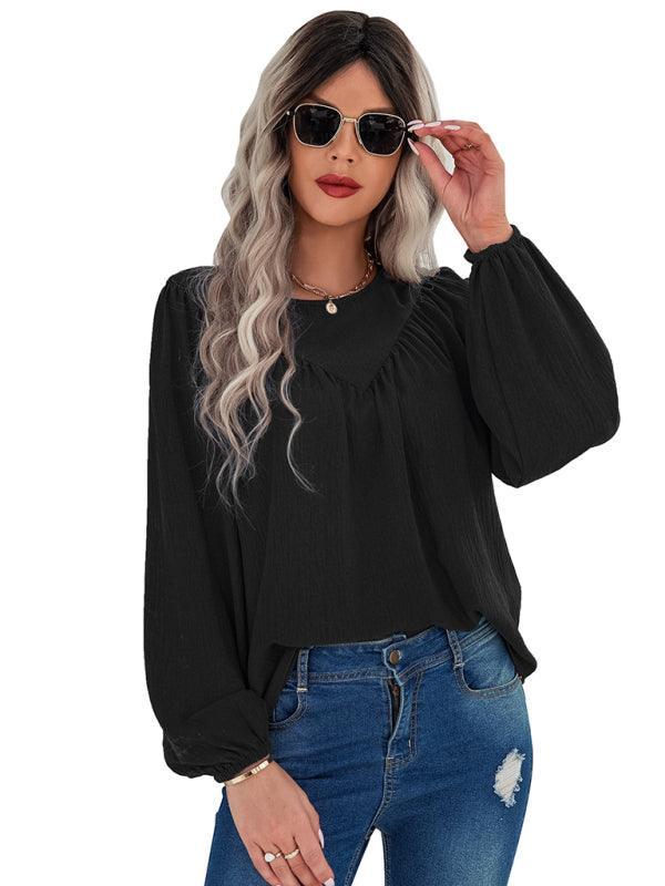 Women's casual loose round neck solid color pullover shirt - 808Lush