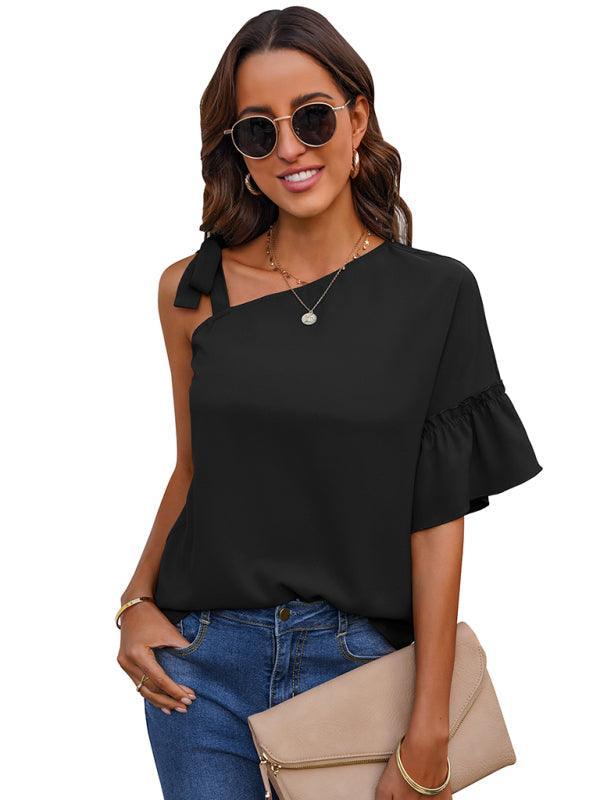 Women's fashion diagonal collar Ruffle Sleeve Chiffon Top - 808Lush