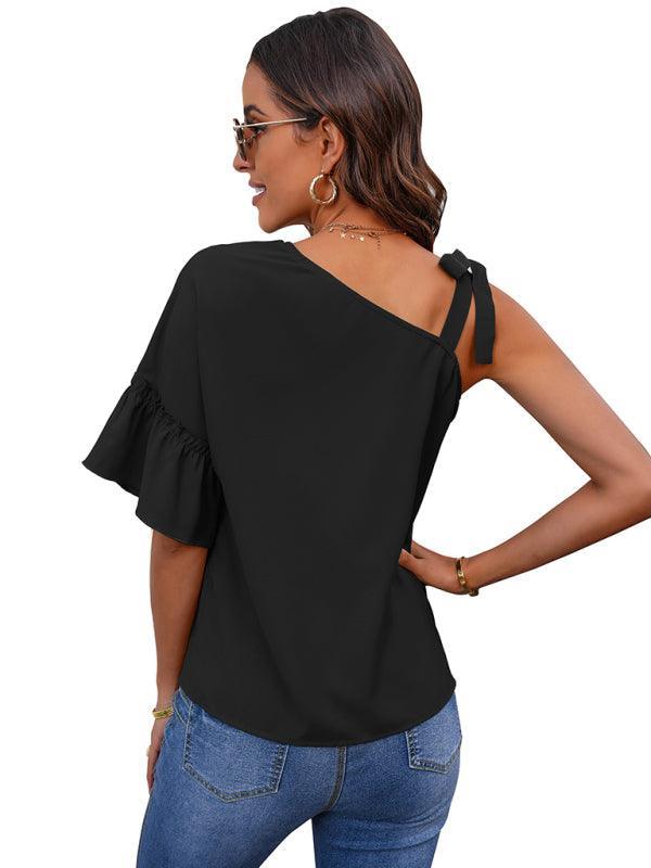 Women's fashion diagonal collar Ruffle Sleeve Chiffon Top - 808Lush