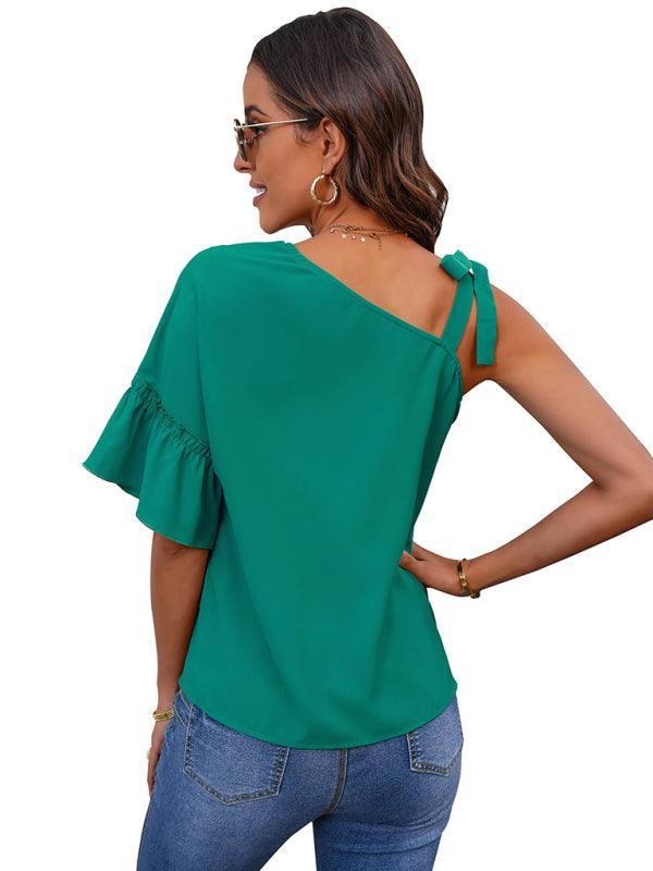 Women's fashion diagonal collar Ruffle Sleeve Chiffon Top - 808Lush