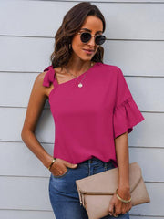 Women's fashion diagonal collar Ruffle Sleeve Chiffon Top - 808Lush