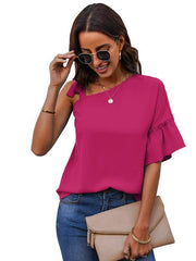 Women's fashion diagonal collar Ruffle Sleeve Chiffon Top - 808Lush