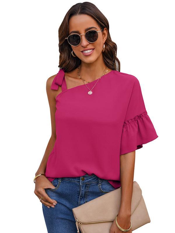 Women's fashion diagonal collar Ruffle Sleeve Chiffon Top - 808Lush