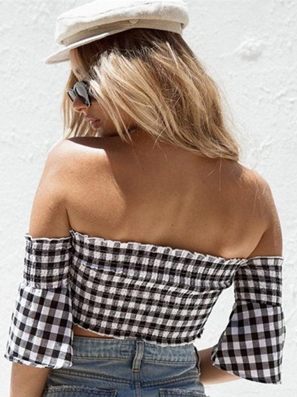 Women's word -shoulder flared sleeve grid tube top top - 808Lush