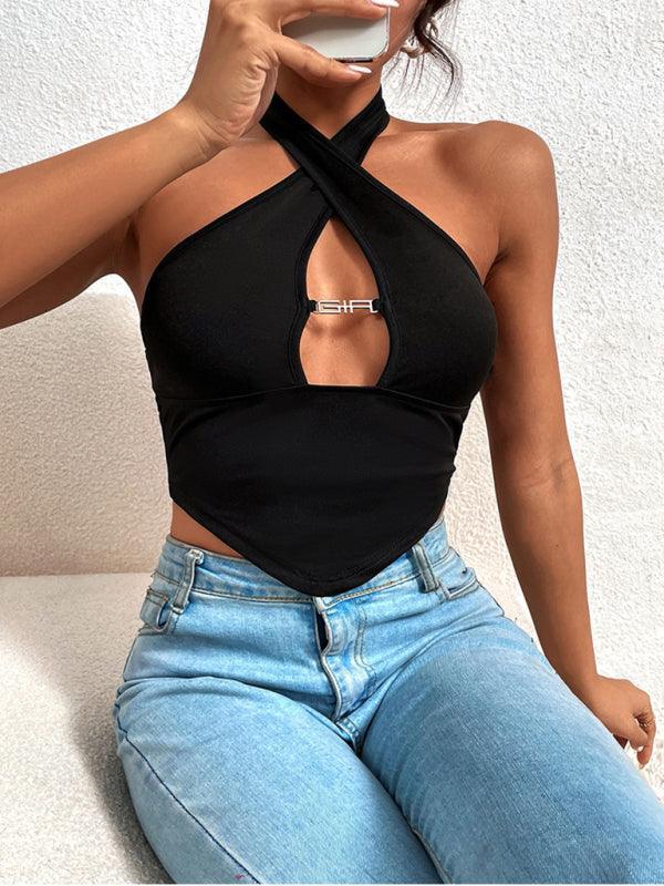 Women's sexy cross -hanging neck showed irregular top - 808Lush