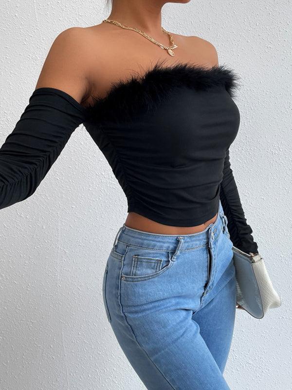 Women's retro hair collar tube top long sleeve collar back top - 808Lush