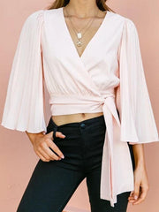 Women's long -sleeved thin V -neck flared sleeve top - 808Lush