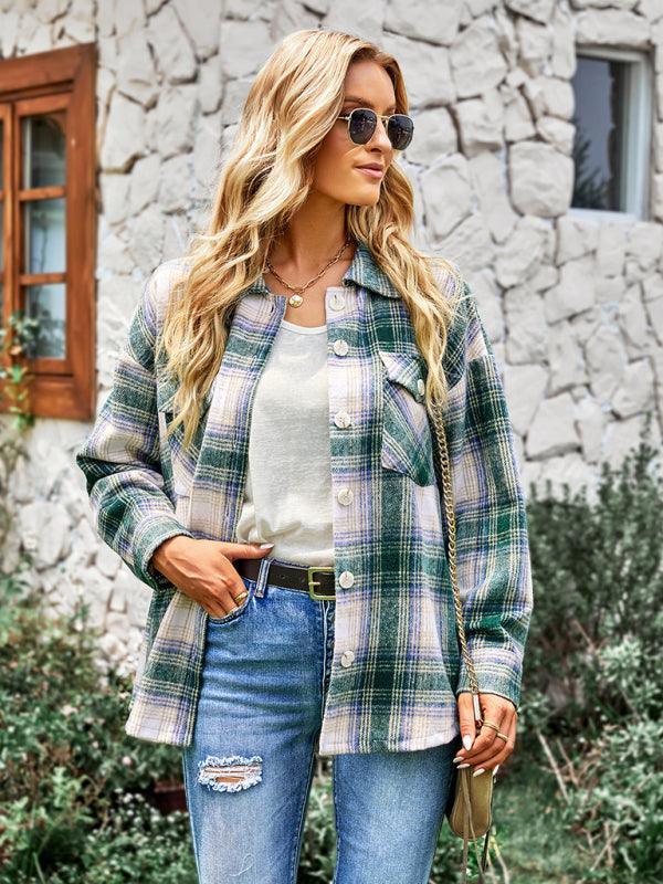 Women's medium length versatile plaid shirt top coat - 808Lush