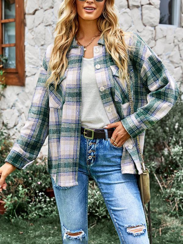 Women's medium length versatile plaid shirt top coat - 808Lush