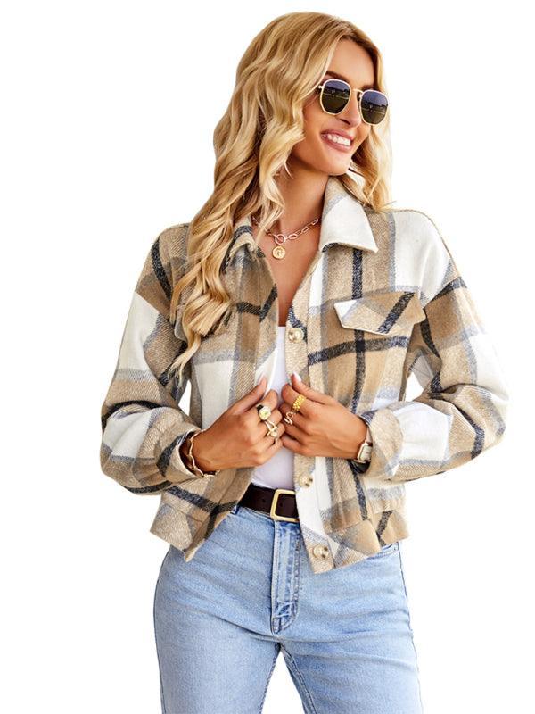 Women's fashion casual short plaid jacket - 808Lush