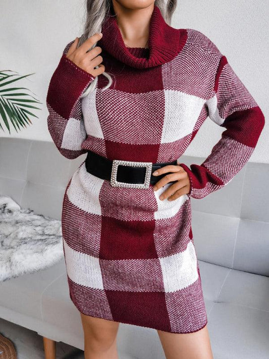 Women's casual Plaid high collar wool dress knitted dress - 808Lush