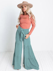 Lace Up Elastic Waist Pleated Wide Leg Pants - 808Lush