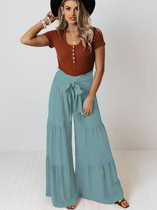 Lace Up Elastic Waist Pleated Wide Leg Pants - 808Lush