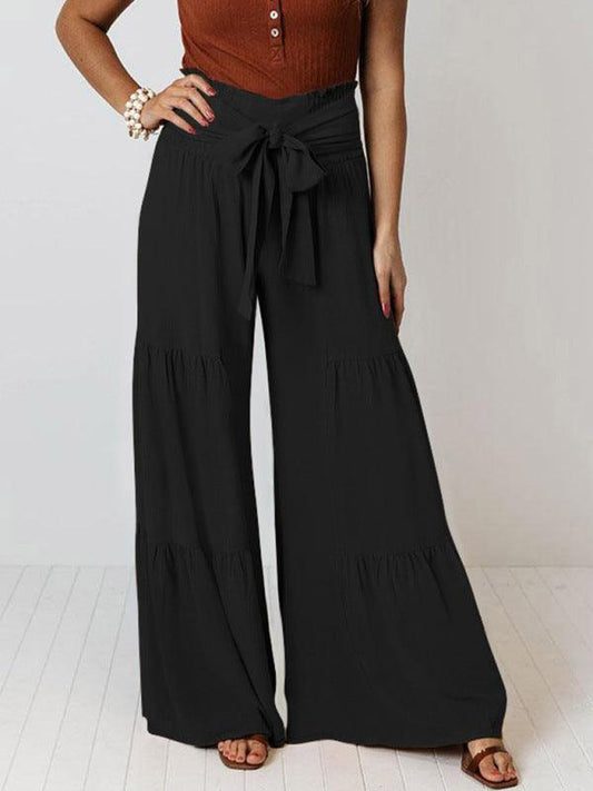 Lace Up Elastic Waist Pleated Wide Leg Pants - 808Lush