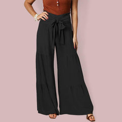 Lace Up Elastic Waist Pleated Wide Leg Pants - 808Lush