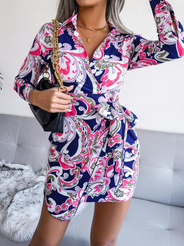 Women's Floral casual tie shirt dress - 808Lush