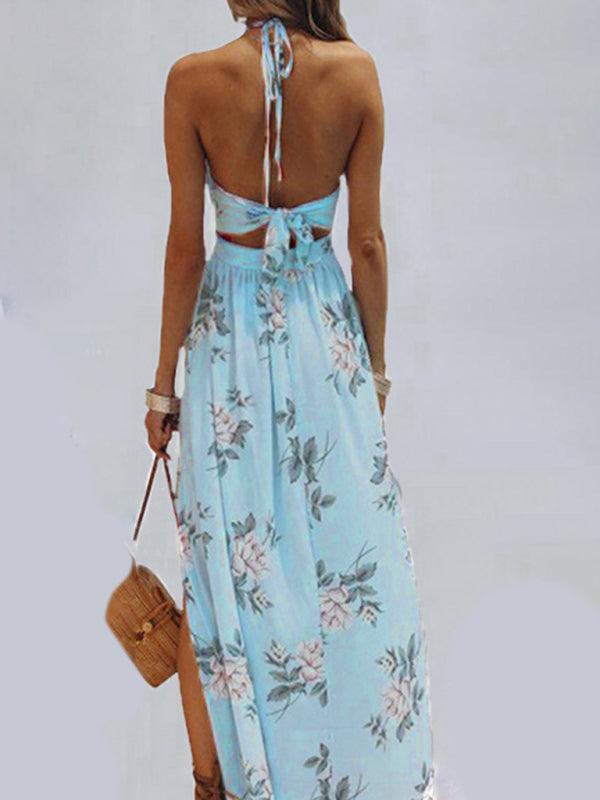 Women's halter V-neck chiffon print dress sexy split beach dress - 808Lush