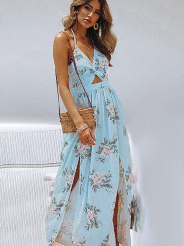 Women's halter V-neck chiffon print dress sexy split beach dress - 808Lush