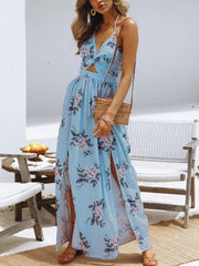 Women's halter V-neck chiffon print dress sexy split beach dress - 808Lush