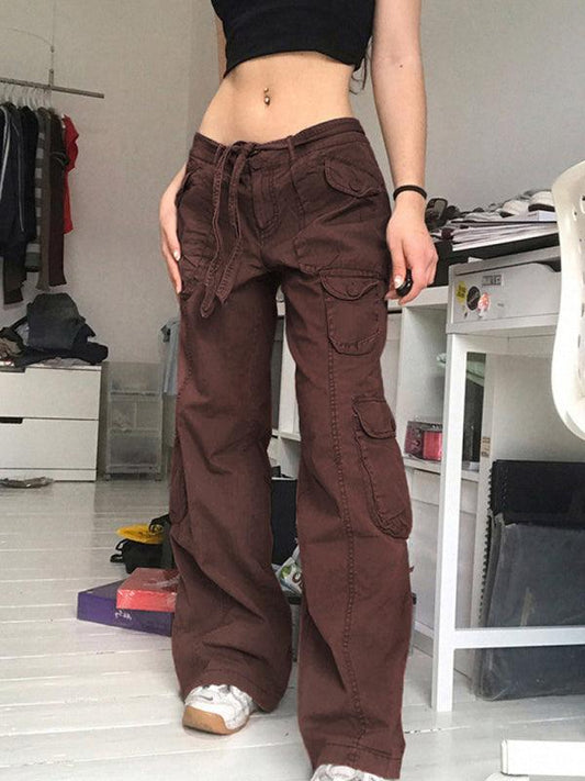 Multi-pocket work trousers low waist loose fitting casual denim trousers - 808Lush