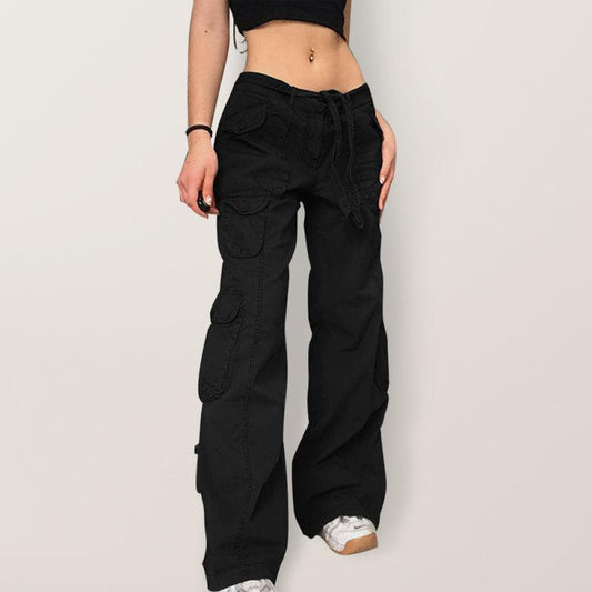 Multi-pocket work trousers low waist loose fitting casual denim trousers - 808Lush