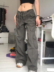 Multi-pocket work trousers low waist loose fitting casual denim trousers - 808Lush