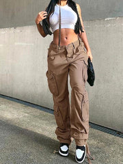 Women's Straight High Waist Loose Wide Leg Retro Daddy Cargo Pants - 808Lush