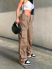 Women's Straight High Waist Loose Wide Leg Retro Daddy Cargo Pants - 808Lush