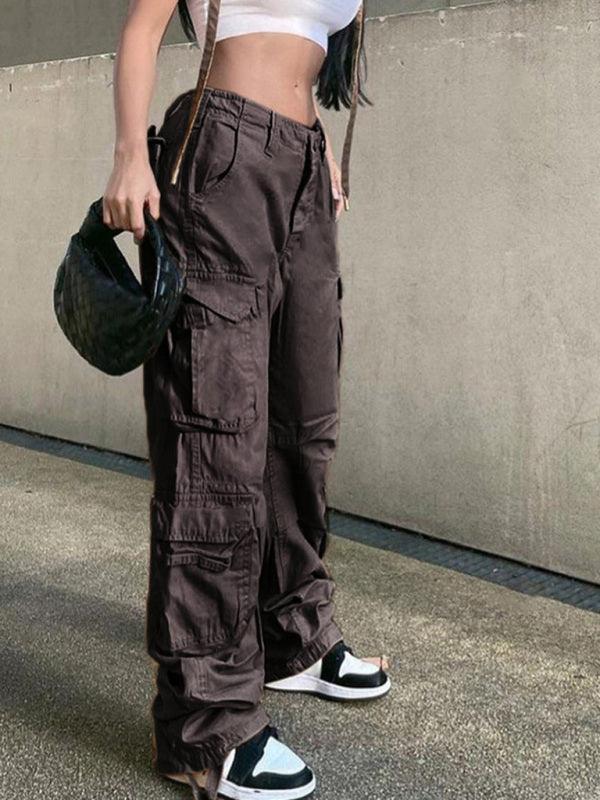 Women's Straight High Waist Loose Wide Leg Retro Daddy Cargo Pants - 808Lush