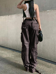 Women's Straight High Waist Loose Wide Leg Retro Daddy Cargo Pants - 808Lush