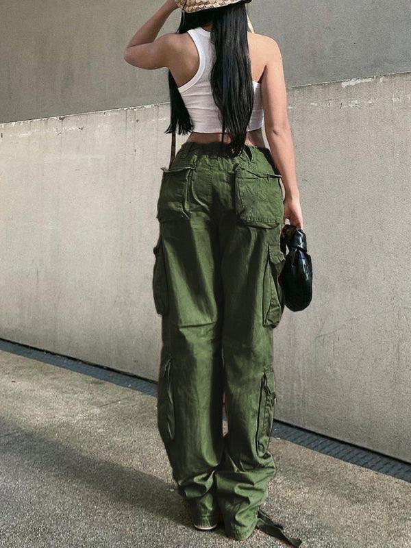 Women's Straight High Waist Loose Wide Leg Retro Daddy Cargo Pants - 808Lush