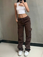 Women's Fashion Pocket Panel Casual Loose Mid Waist Cargo Pants - 808Lush